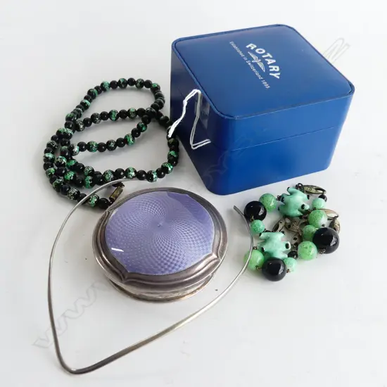 2 VINTAGE BEAD NECKLACES + SILVER CHOKER + SILVER & ENAMEL LID. In Rotary watch box