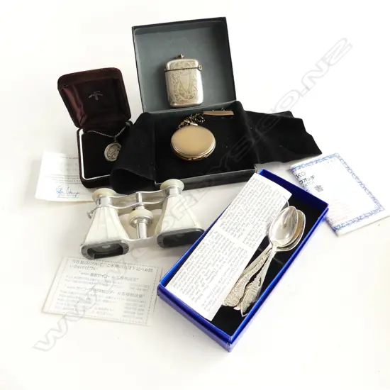 MOP OPERA GLASSES + SILVER SPOONS & LOCKET + plated POCKET WATCH + VESTA