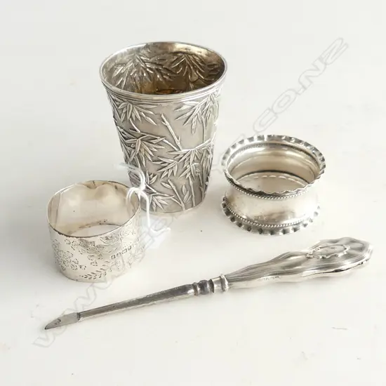 4 PCES STG SILVER; CUP w. BAMBOO DESIGN H.70mm, 2 NAPKIN RINGS, TOOL 93 GRAMS
