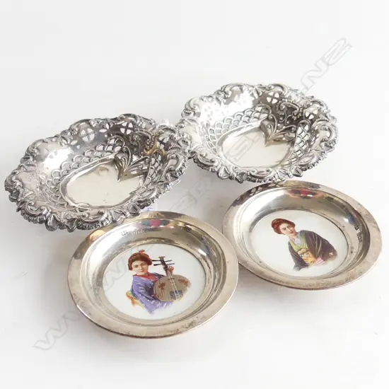2 PRS HALLMARKED STG SILVER DISHES; PR PIERCED DISHES 70 GRAMS + PR w. GEISHA 90mm dia