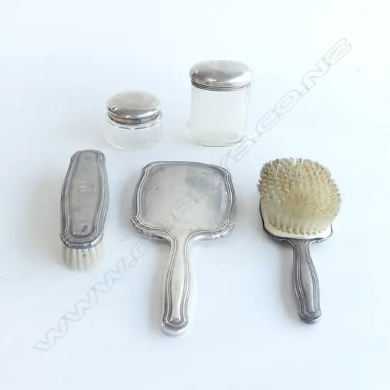 GERMAN 835 SILVER DRESSING SET; MIRROR + 2 BRUSHES + 2 STG CRYSTAL CONTAINERS; LONDON, B'HAM