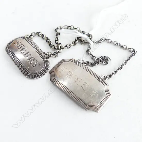 2 SILVER DECANTER LABELS. London 1828 & other