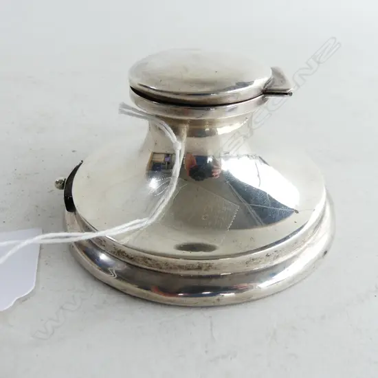 *RTV* STG SILVER CAPSTAN INKWELL w. GREEN GLASS INSERT & STAMP DRAWER B'HAM 1908 97mm dia