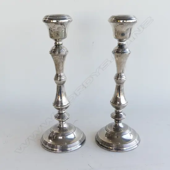PR TALL SILVER COLUMN CANDLESTICKS Birmingham 1977 H.305mm. 'Filled' total weight 1.6kgs