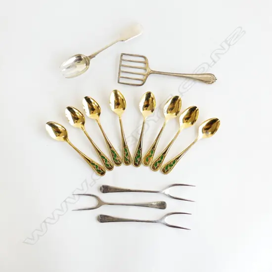 ASST SILVER PLATE & GILT SPOONS & SERVING FORKS 