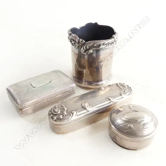 4 SILVER PCES MARKED 925 / STERLING; 3 SMALL LIDDED CONTAINERS, BEAKER H.60mm 161 GRAMS