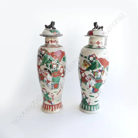 PR TALL CHINESE VASES; CRACKLE GLAZE w. HAND PAINTED WARRIORS H.340mm (LIDS CHIPPED - 1 TOO BIG)