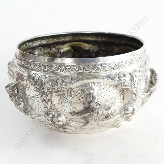LG BURMESE EMBOSSED SILVER BOWL 210mm dia 464 GRAMS