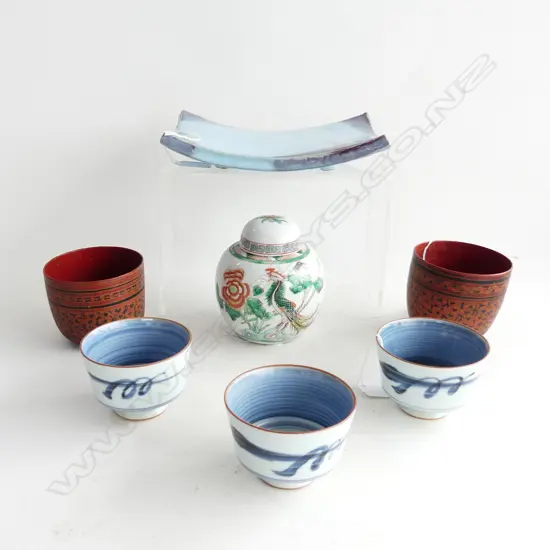 MODERN CHINESE GINGER JAR AND TWO WOODEN TEA CUPS 3 BLUE AND WHITE JAPANESE TEA CUPS AND JAPANESE DISH