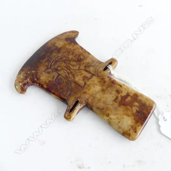 ANTIQUE CHINESE JADE AXE - CARVED FACE BOTH SIDES H.130mm