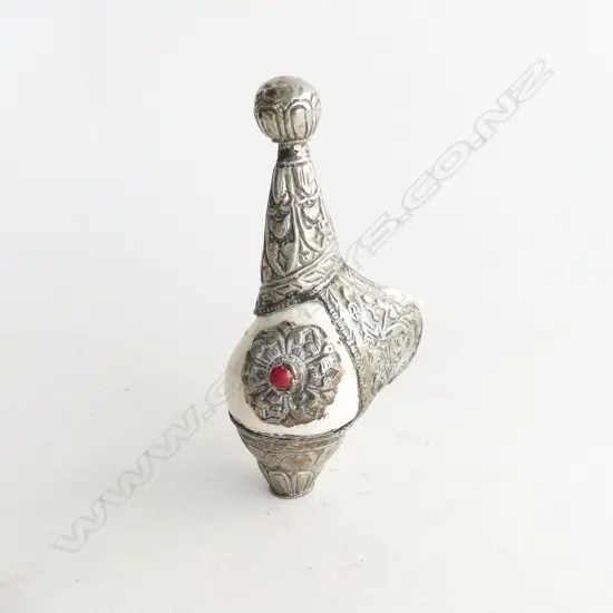 20TH CENTURY TIBETAN CONCH SHELL WITH SILVER (?) & CORAL (?) OVERLAY L. 140MM