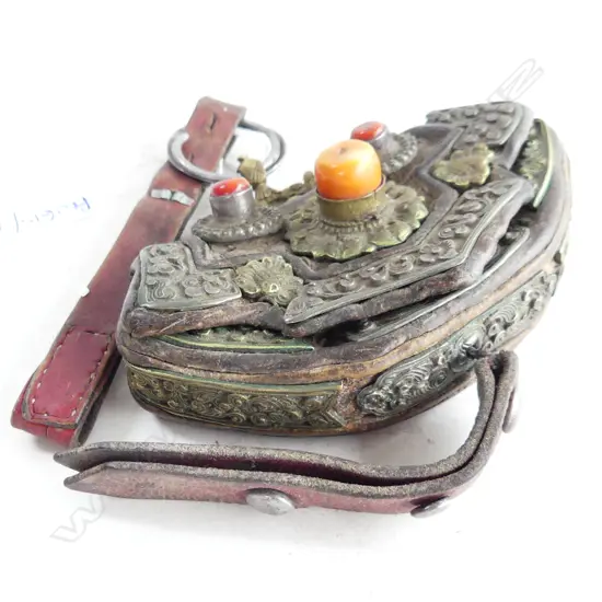 TIBETAN LEATHER POUCH; CORAL & SILVER EMBELLISHMENT W.120mm