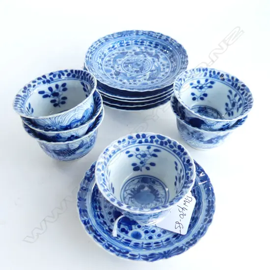 6 BL/WH SMALL FINE PORCELAIN  CHINESE TEACUPS ON SAUCERS. DECORATED WITH FISH THEMES. H. 45mm W. (SAUCERS) 110mm 