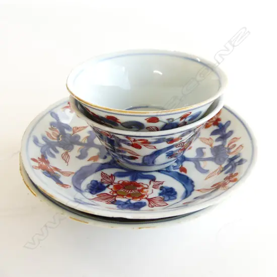 PR CHINESE IMARI TEA BOWLS & SAUCERS 120mm dia - minor rim chips