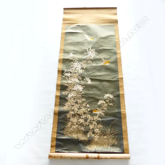 FINE SILK SCROLL, 2 BIRDS & CHRYSANTHEMUMS, SOME DISTRESS 