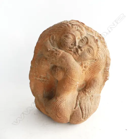 INDIAN CARVED STONE BUDIST YAB-YUM EMBRACE SHIVA & COMPANION H.200mm