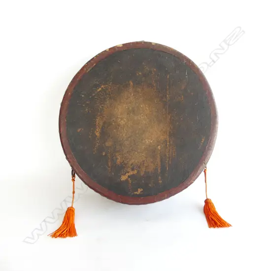 OLD JAPANESE DRUM TEAK & SKIN COVERED STUDDED Dia.340mm