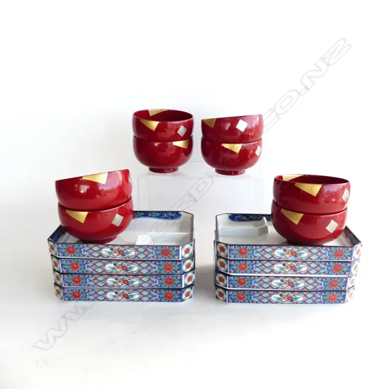 8 DECORATED JAPANESE SUSHI PLATES & 8 LACQUERED BOWLS