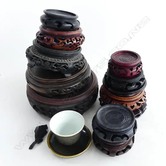 11 ASST. CARVED WOODEN ROUND ORIENTAL VASE STANDS + C/S