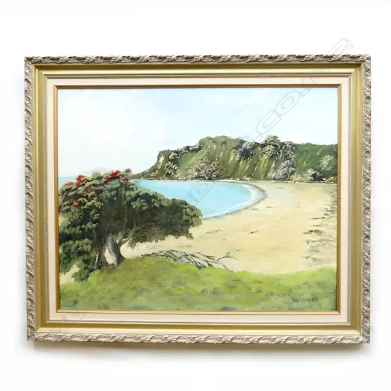 PAT THOMSON, BEACH w. POHUTUKAWA, OIL ON BOARD 600x750mm