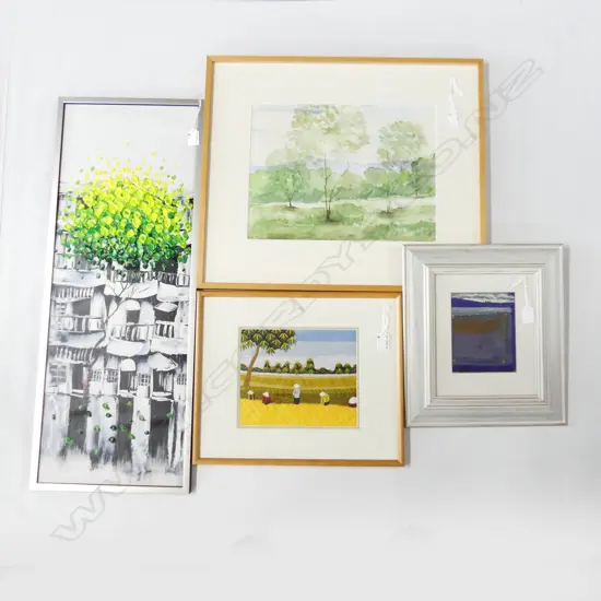 4 ARTWORKS: RANGITOTO CHANNEL + SILK STICHED -FIGURES IN A FIELD + TREE & APARTMENTS