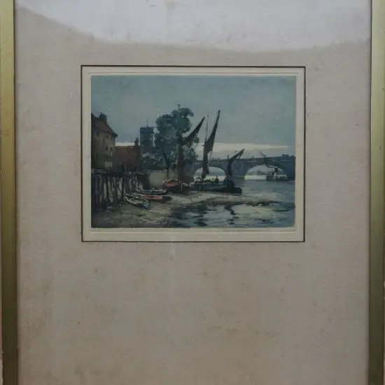 CLAUDE ROWBOTHAM (UK 1864-1959), RIVER SCENE WITH BOATS, OLD CHELSEA, LONDON, COLOURED AQUATINT, 180mm x 220mm