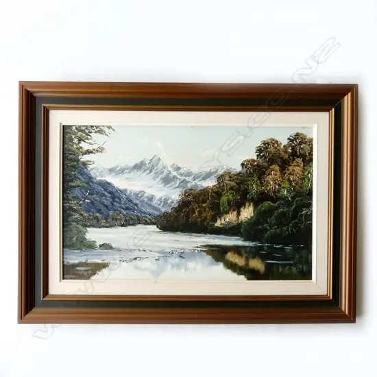 PETER LONG 'HEADWATERS OF ARAWHATA RIVER MT. ASPIRING PARK' OIL ON BOARD 365x595mm