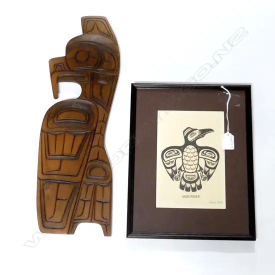 CANADIAN INDIAN PRINT AND A CARVING 