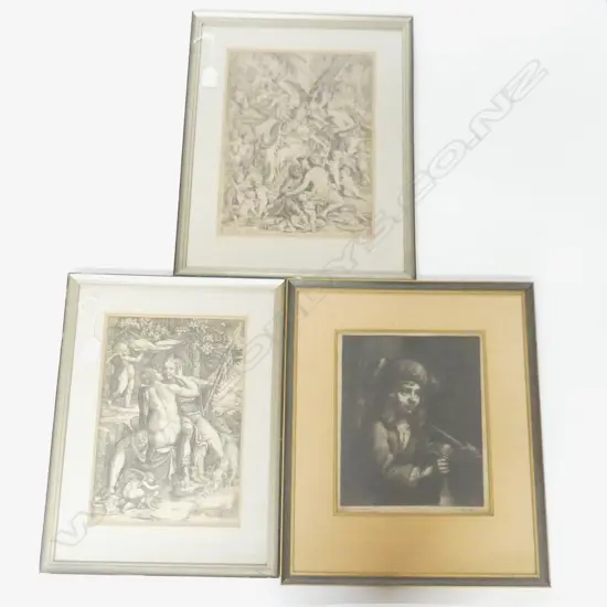 3 FRAMED WORKS. TWO ENGRAVINGS IN THE MANNER OF DRURER AND AN ETCHING.
