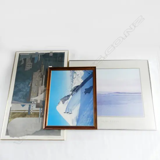 3 PRINTS; NZ ALPS 420x540mm, ALAN GROSS BEACH, ROBERT OFFORD COLLAGE 910x590mm