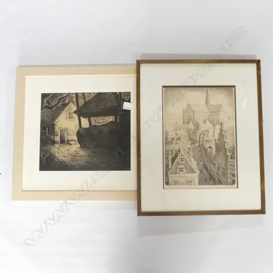 2 ENGRAVINGS by HUIB DE RUE (1902-1980) 'The Church St. Bavo Haarlem' & Farm Yard scene 265x305mm