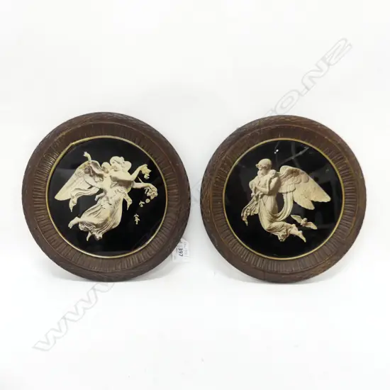 PR CLASSICAL WALL PLAQUES; GLASS w. CARVED WOODEN FRAMES 230mm dia