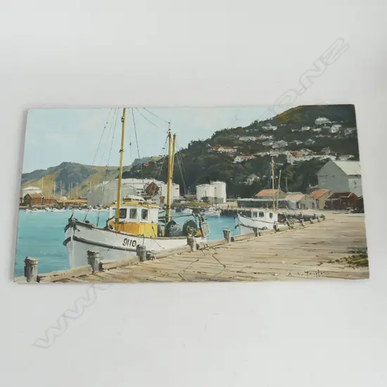 A.A.? TAYLOR ACRYLIC ON BOARD. HARBOUR SCENE. 250 X 480mm 