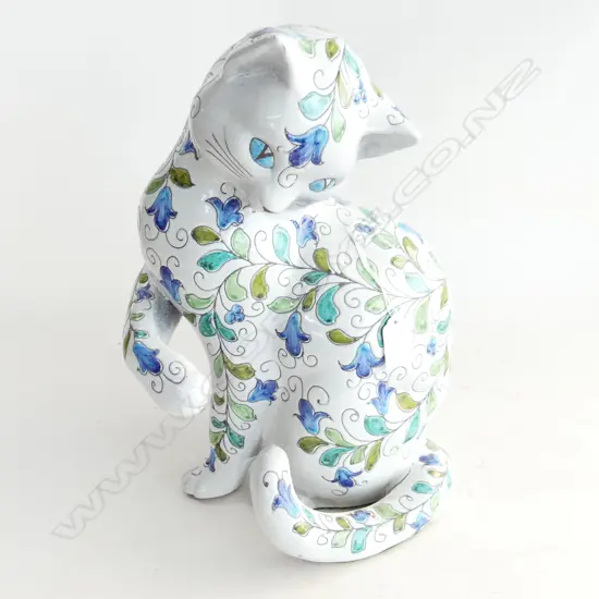 LGE POTTERY CAT white w coloured & incised vines H.355mm