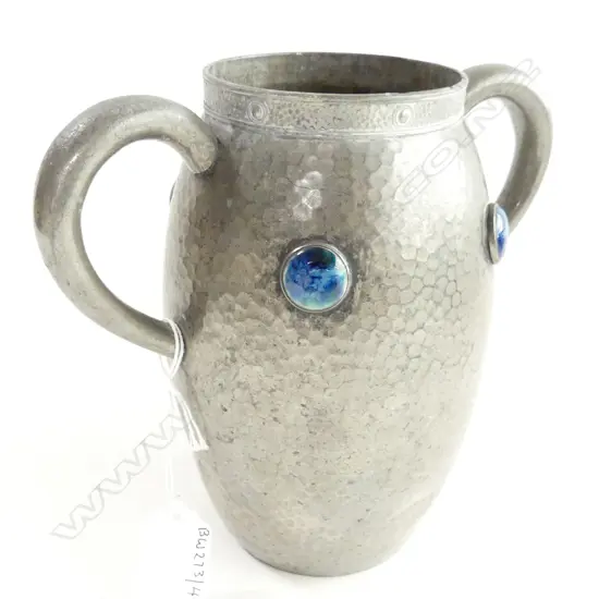 ARTS & CRAFTS CIVIC PEWTER 2 HANDLED VASE WITH BLUE POTTERY MEDALIANS H170MM