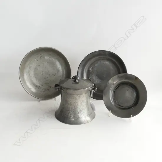 4 PCES PEWTER; 3 ANTIQUE PLATES (MARKS WORN) 210mm dia + ENGLISH 'WARRIC' LIDDED CONTAINER H.145