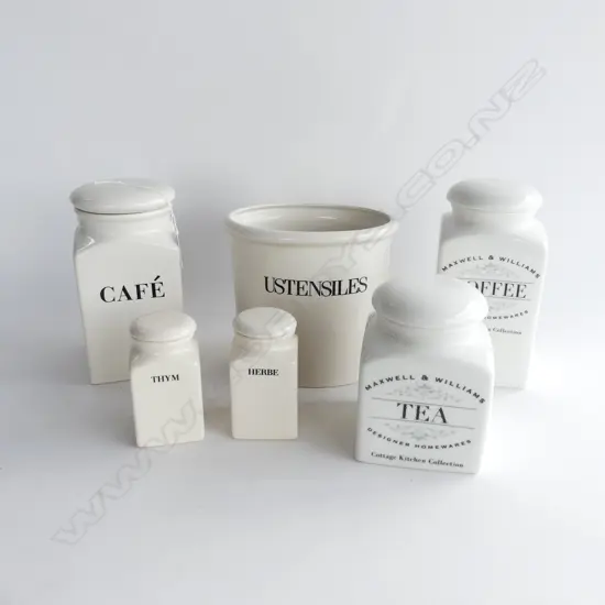6 WHITE CERAMIC KITCHEN CONTAINERS BY HABITAT ETC 'USTENSILES', CAFE, HERBE, THYM H.200mm
