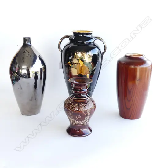 4 LG VASES; BLACK CERAMIC DOUBLE HANDLES H.315mm, LUSTRE, WOODEN, POTTERY