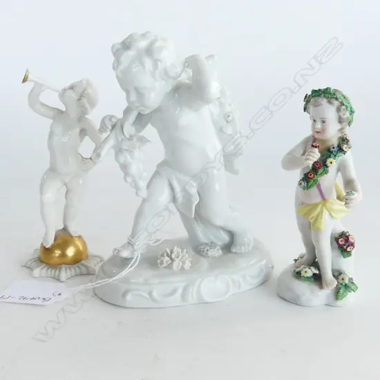 3 quality GERMAN PORCELAIN FIGURINES, 2 PUTTI & 1 YOUNG BOY WITH FLOWERS Alka. Hutchenreuther etc