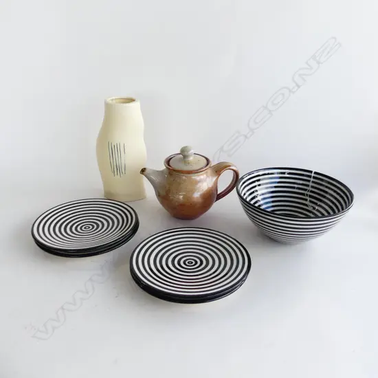 B&W STRIPED BOWL & 4 PLATES, TEAPOT & VASE