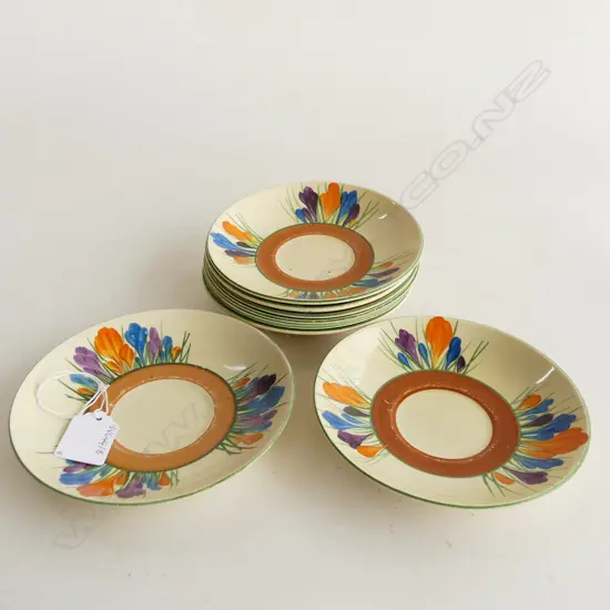 CLARICE CLIFF 8 CROCUS SAUCERS W140MM