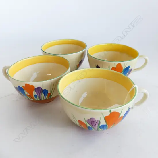 CLARICE CLIFF 3 CROCUS GLOBE CUPS H55MM & 1 OTHER WITH RIM CHIP