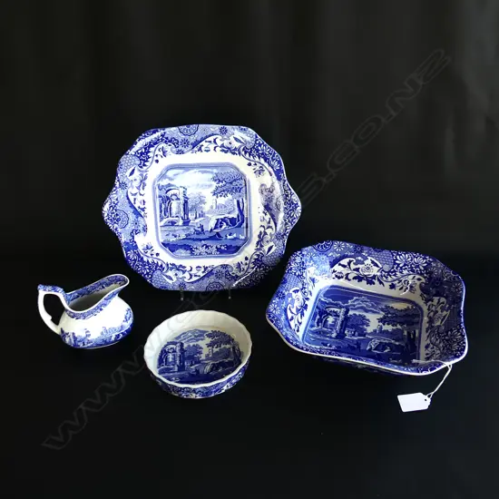 4 SPODE BLUE ITALIAN PATTERN PCS; CAKE PLATE, LG SQ SERVING BOWL, SM RAMEKIN & MILK JUG