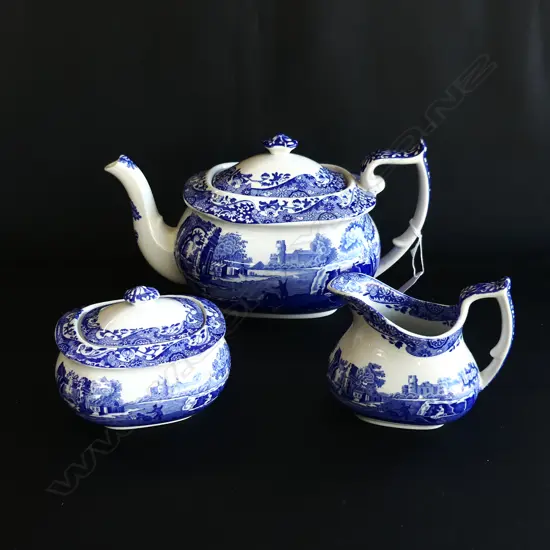 SPODE BLUE ITALIAN PATTERN 3 PC TEA SET; LG TEAPOT, MILK JUG & LIDDED SUGAR BOWL
