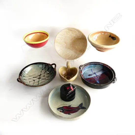 7 POTTERY PLATES & BOWLS & TOOTHPICK DISPENSER
