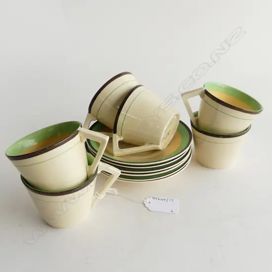CLARICE CLIFF 6 CONICAL CUP SAUCERS YELLOW GREEN BANDED PAT H65MM