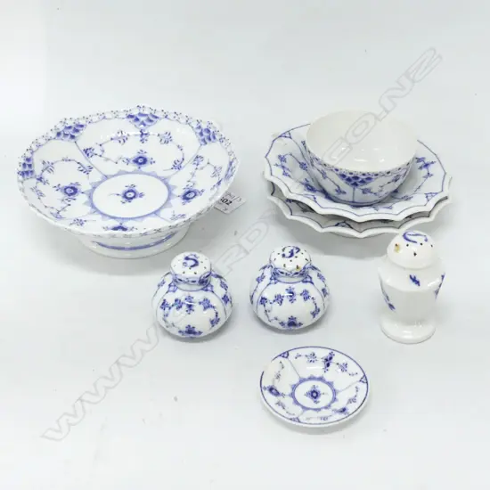 8 PCES ROYAL COPENHAGEN BLUE LACE; CAKE STAND 175mm dia, PR DISHES, 3 CONDIMENTS ETC ALL FAULTED 