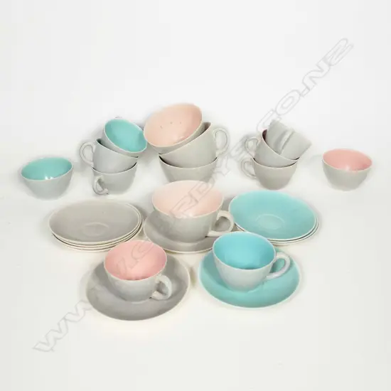 POOLE TWINTONE CUPS & SAUCERS (#C50), 12 CUPS & 10 SAUCERS, 2 BOWLS
