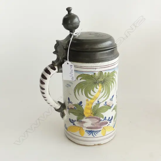 LATE 18thC CERAMIC TANKARD w. PEWTER LID ENSCRIBED 'M.F.G. 1780' H.270mm