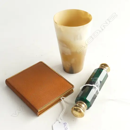 HORN CUP H.115mm + DOUBLE ENDED GREEN GLASS PERFUME BOTTLE H.130mm + VINTAGE PIGSKIN CARD CASE W.100mm
